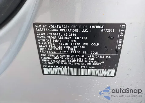 2019 Volkswagen Atlas 2.0T S from USA, damaged, VIN 1V2AP2CA6KC534510